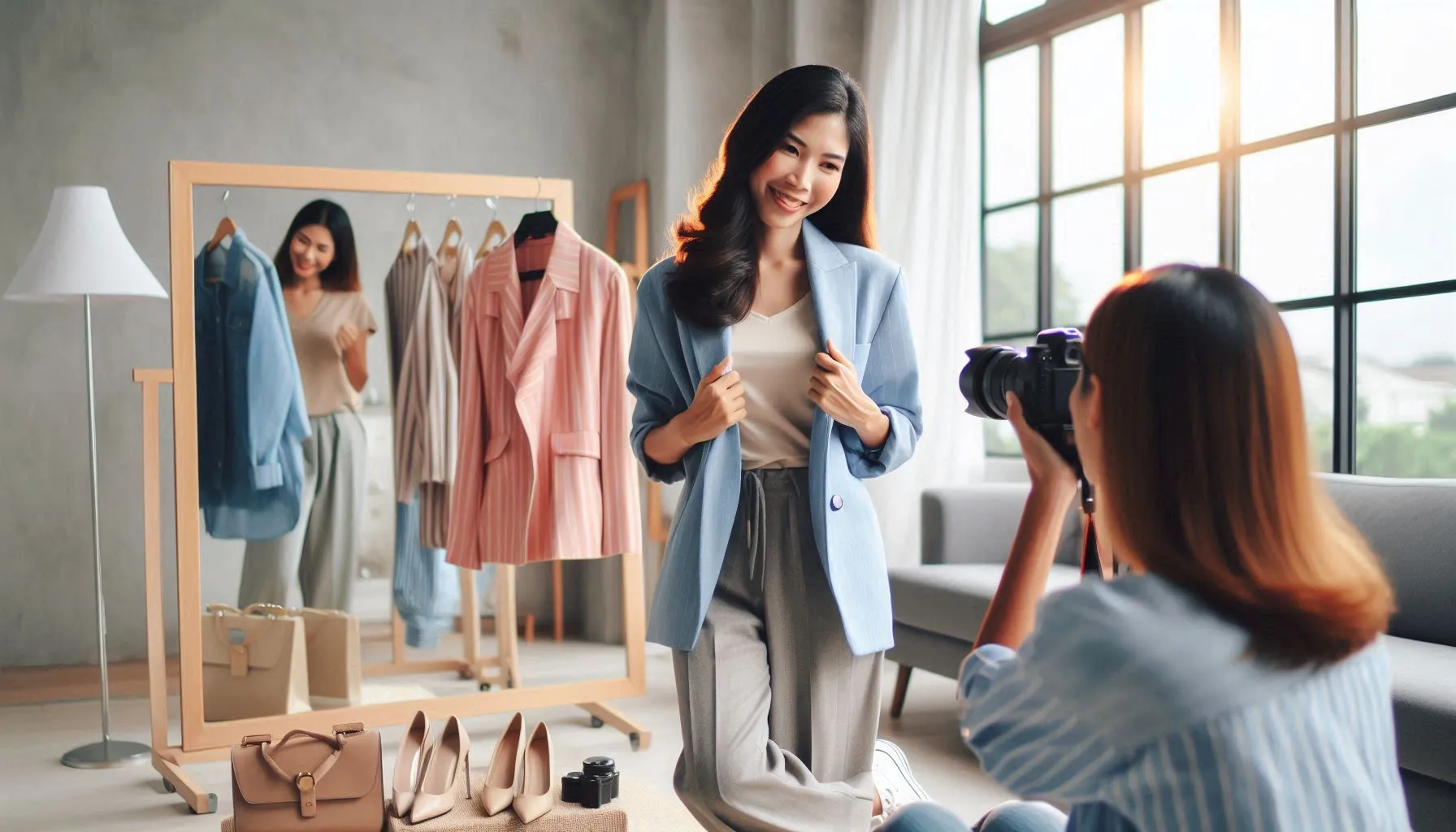 A professional woman trying on outfits in front of a mirror with a photographer and camera in the background.