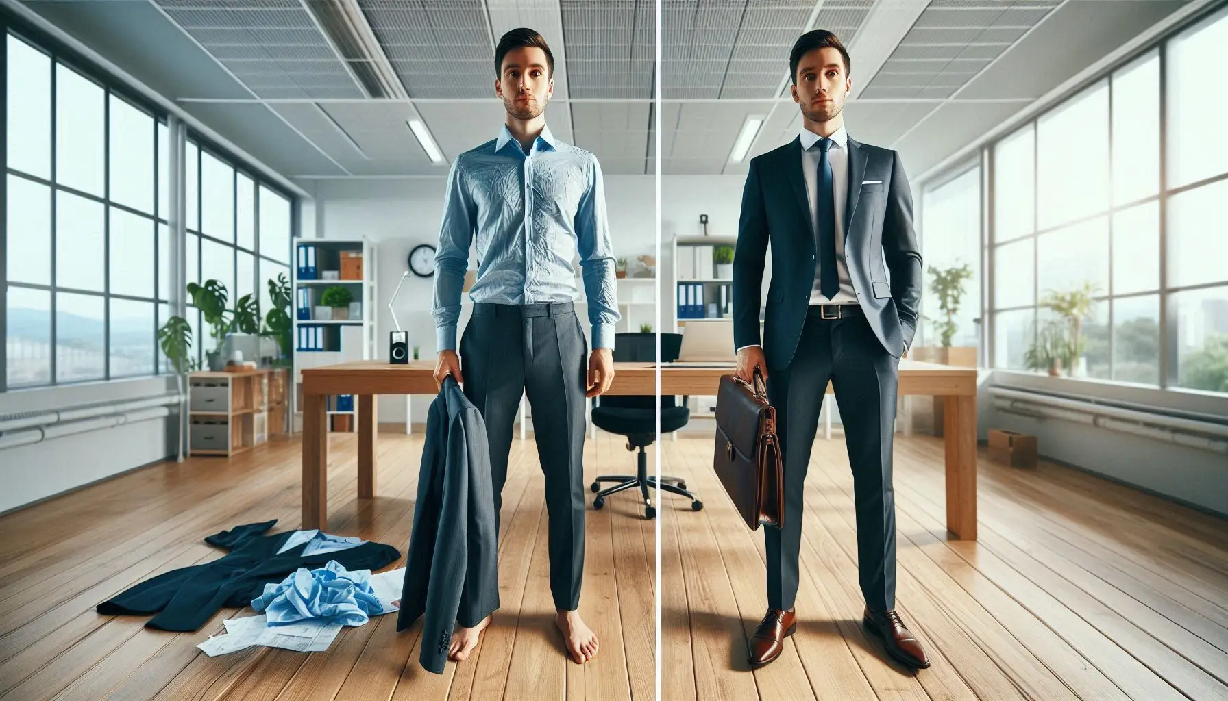 Side-by-side comparison of two professional outfits